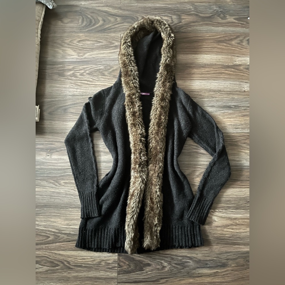 Smart Set Black Hooded Cardigan with Brown Faux-Fur Trim